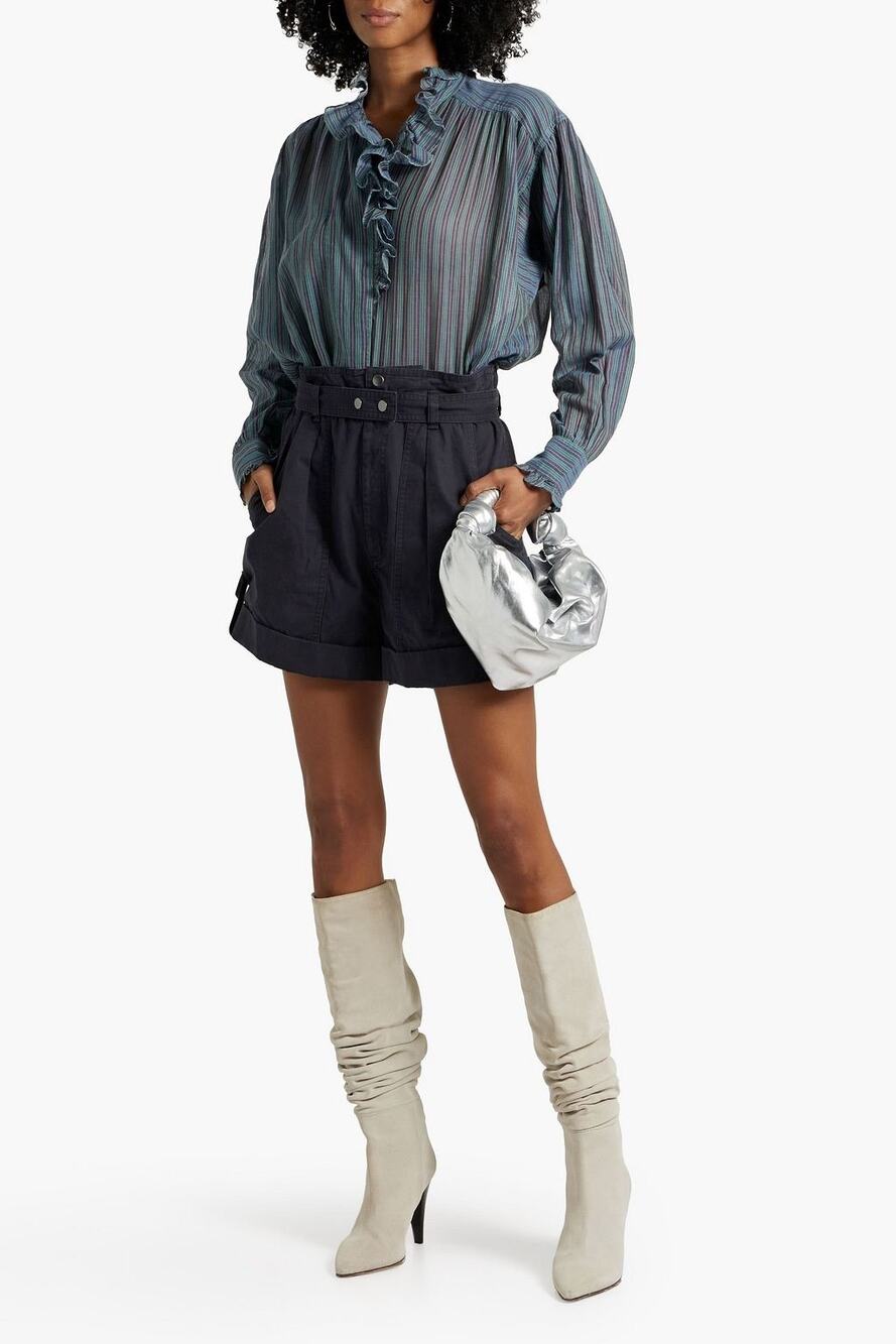 Isabel Marant Kalosco Belted Cotton Pleated High Waisted Shorts Midnight Small